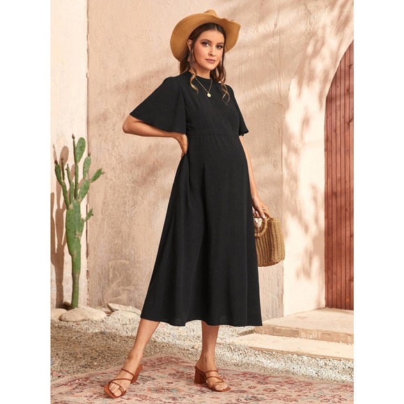 Maternity Solid Butterfly short Sleeve midi Dress black - Picture 3 of 5